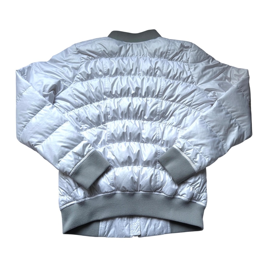 Athleta Down Bomber Jacket Small White Gray Trim Puffer Goose Down Zip - Picture 3 of 7